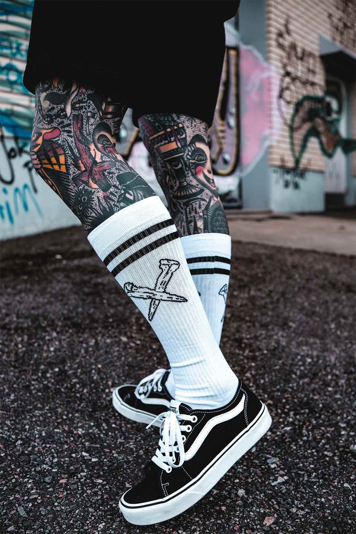White socks with METAL SOCKS - KNEE HIGH print - Wolfpack Clothing