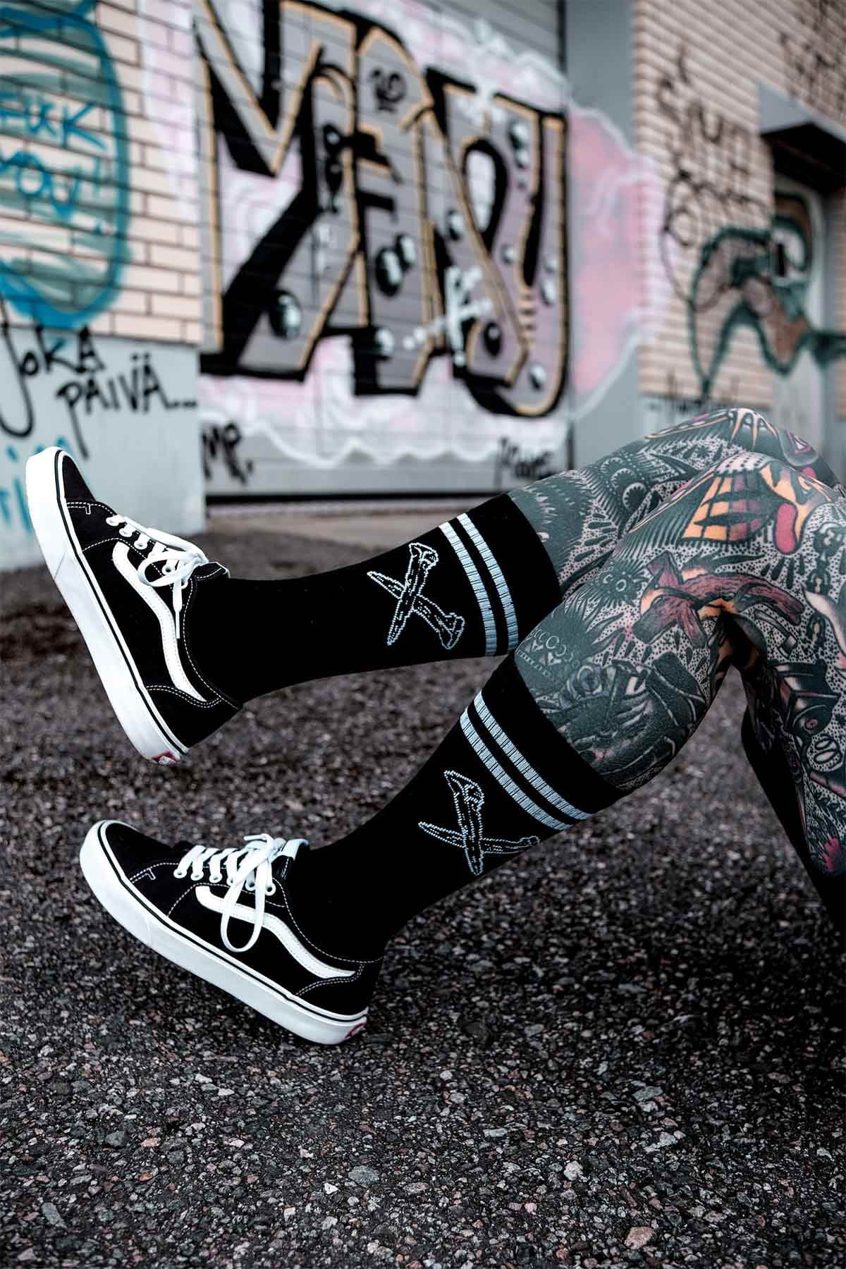 Black socks with METAL SOCKS - KNEE HIGH print - Wolfpack Clothing