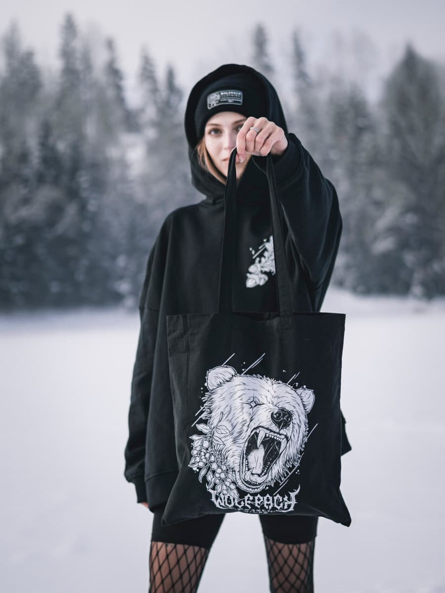Black bag with NORDIC HUNTER TOTE BAG print - Wolfpack Clothing