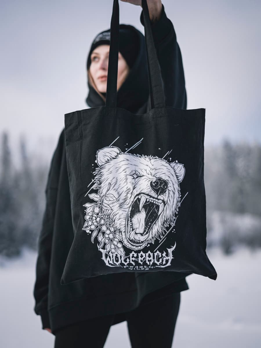 Black bag with NORDIC HUNTER TOTE BAG print - Wolfpack Clothing