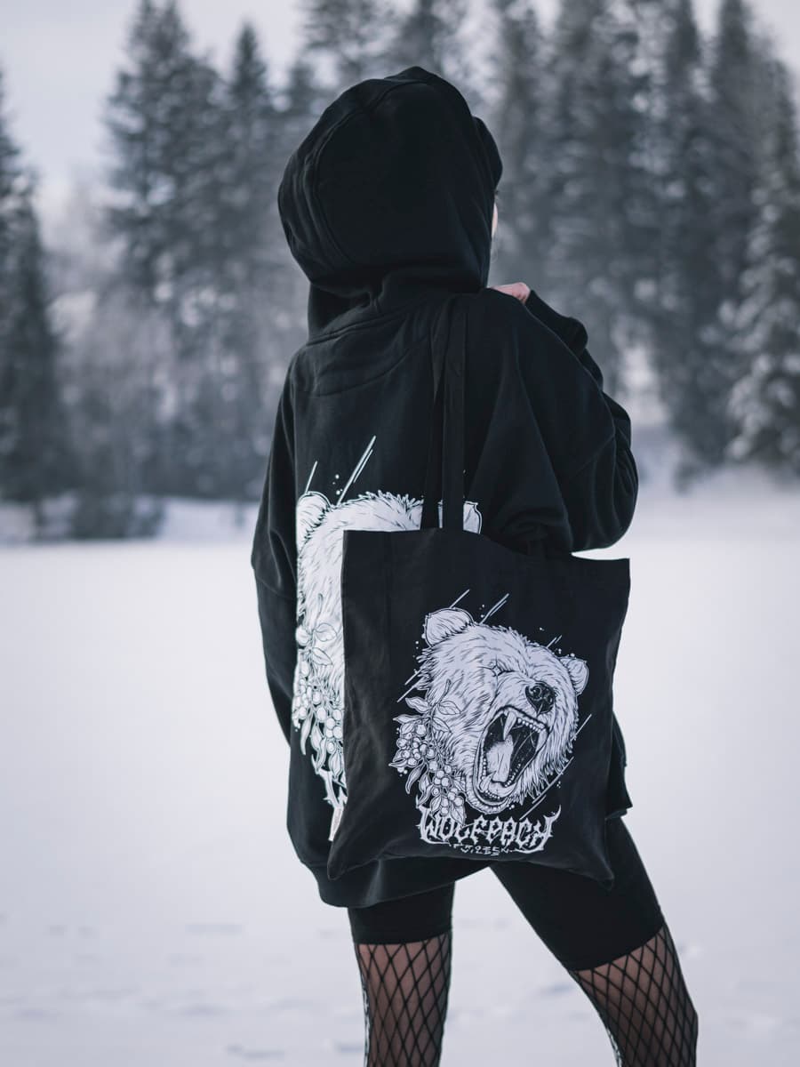 Black bag with NORDIC HUNTER TOTE BAG print - Wolfpack Clothing