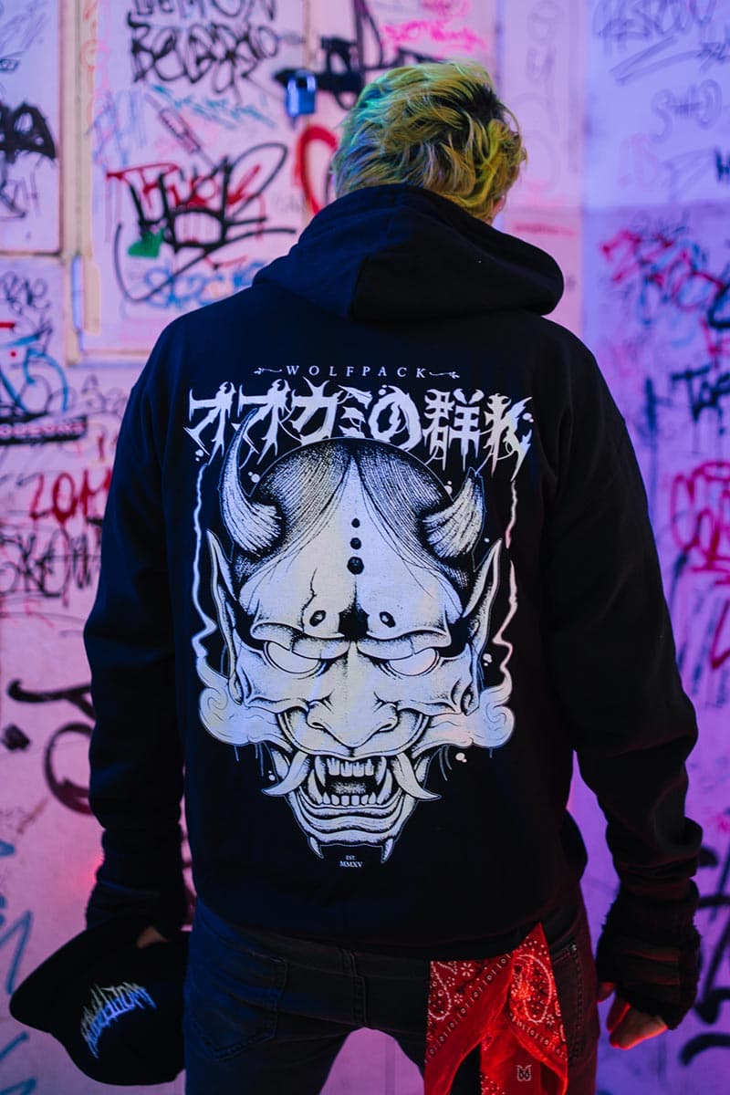 Black hoodie with HANNYA HOODIE UNISEX print - Wolfpack Clothing
