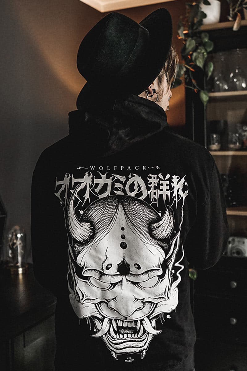 Black hoodie with HANNYA HOODIE UNISEX print - Wolfpack Clothing