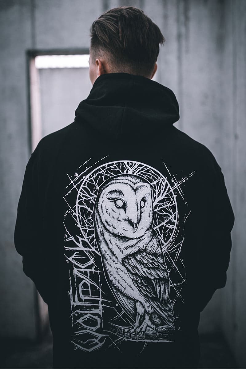 Black hoodie with NIGHT OWL HOODIE UNISEX print - Wolfpack Clothing