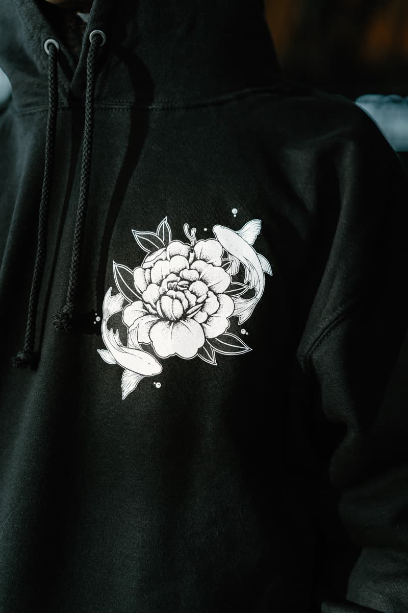 Black hoodie with NISHIKIGOI HOODIE UNISEX print - Wolfpack Clothing