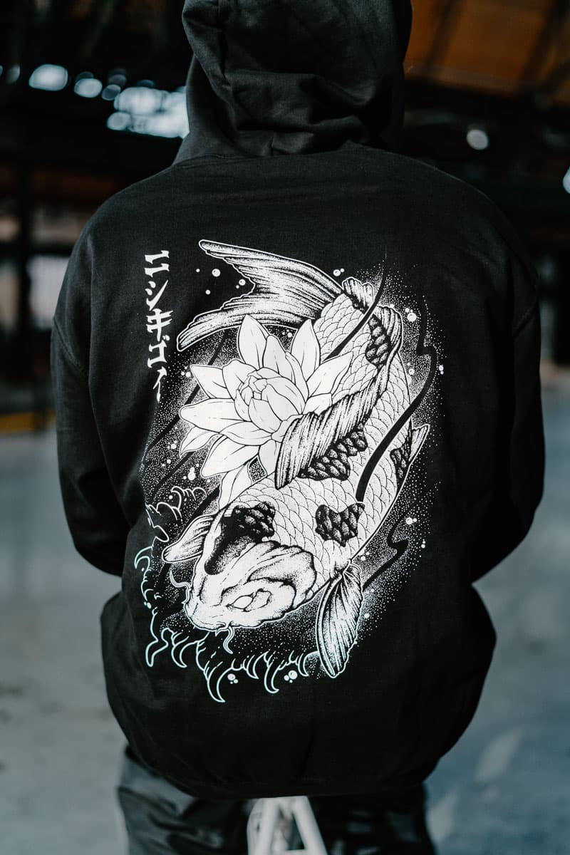Black hoodie with NISHIKIGOI HOODIE UNISEX print - Wolfpack Clothing