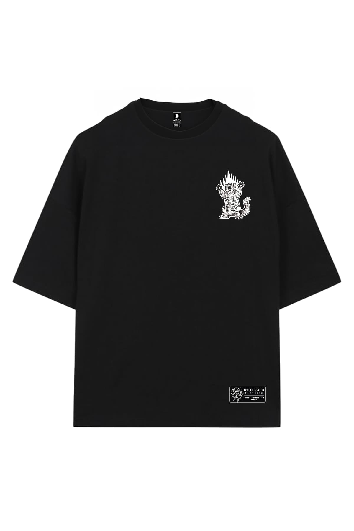 Black oversized t-shirt with CATZILLA OVERSIZED TEE UNISEX print - Wolfpack Clothing