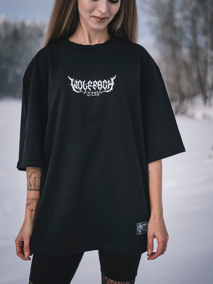 Black oversized t-shirt with NORTH POLE OVERSIZED TEE UNISEX print - Wolfpack Clothing