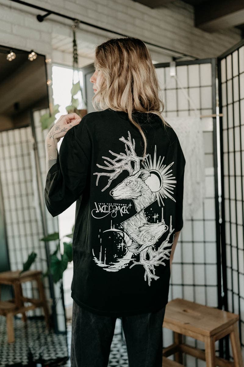 Black oversized t-shirt with THE DUALITY OVERSIZED TEE UNISEX print - Wolfpack Clothing