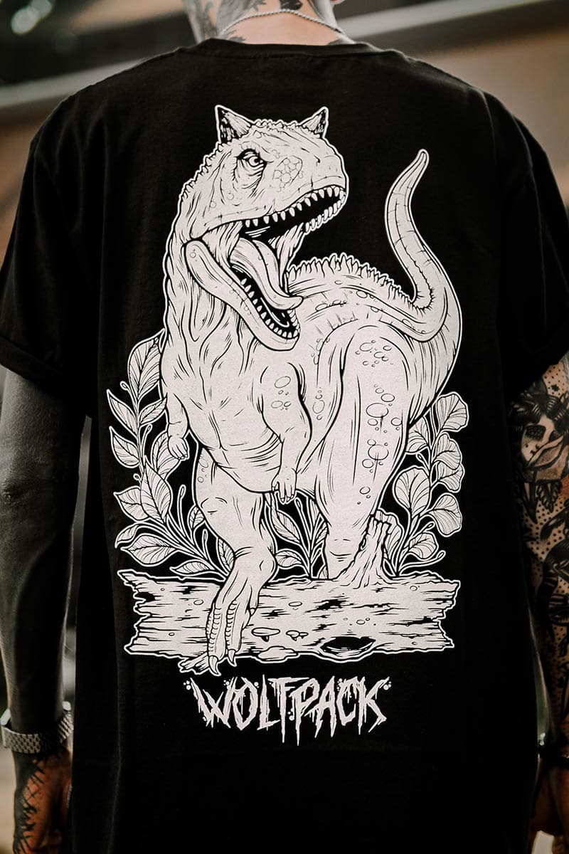 Black t-shirt with CARNOTAURUS TEE UNISEX print - Wolfpack Clothing