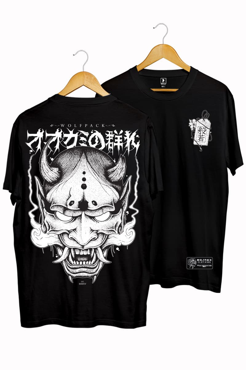 Black t-shirt with HANNYA TEE UNISEX print - Wolfpack Clothing