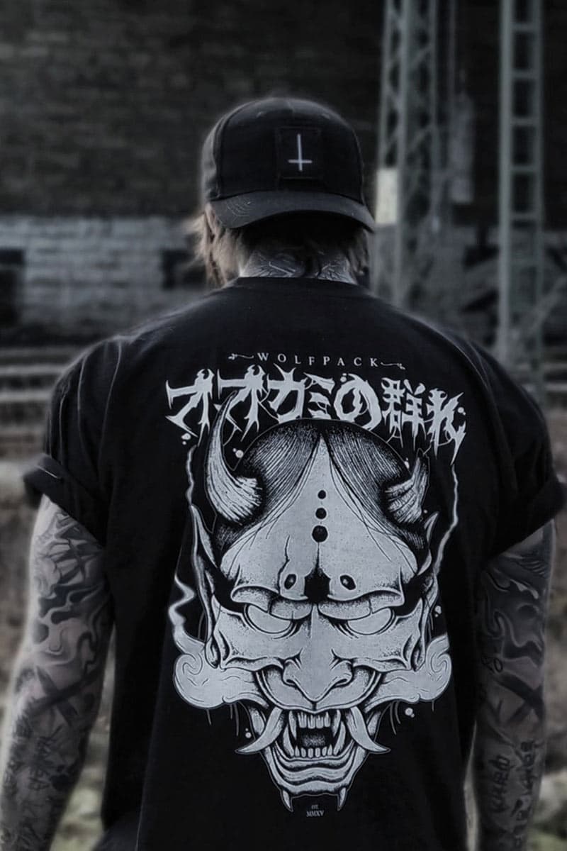 Black t-shirt with HANNYA TEE UNISEX print - Wolfpack Clothing