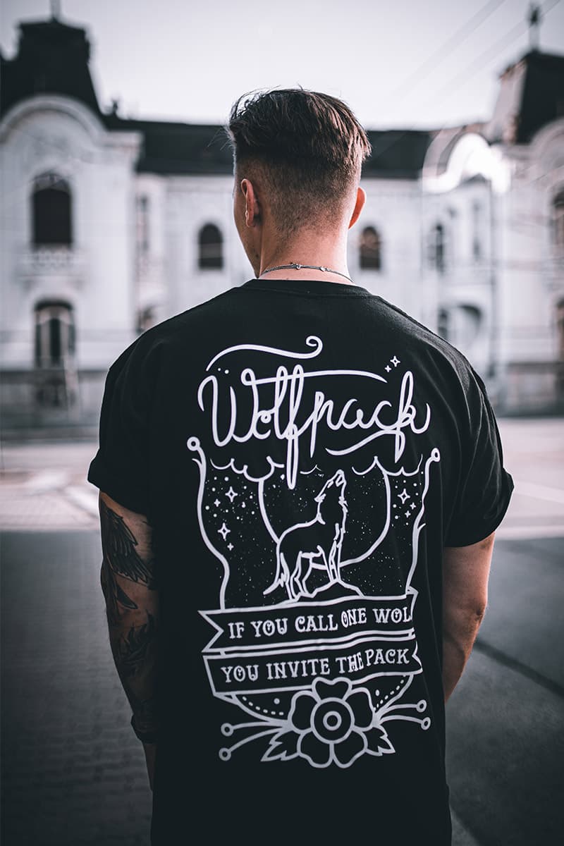 Black t-shirt with HOWLING WOLF TEE UNISEX print - Wolfpack Clothing