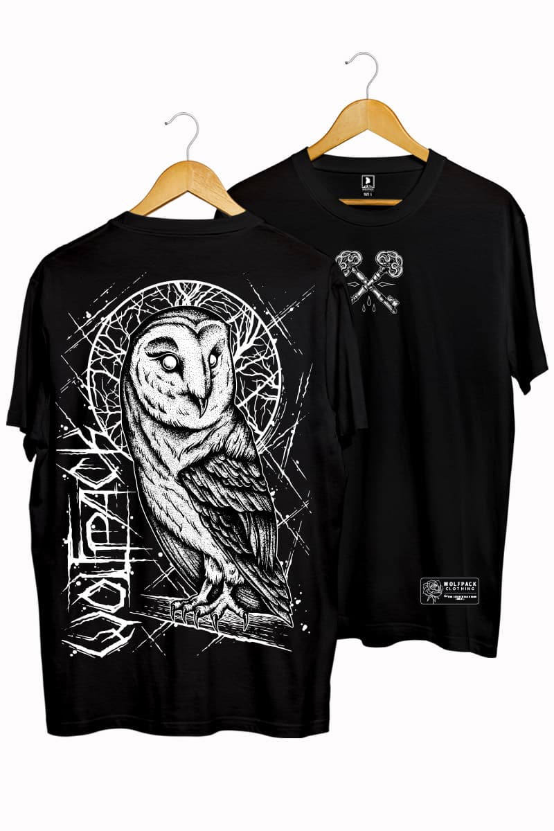 Black t-shirt with NIGHT OWL TEE UNISEX print - Wolfpack Clothing