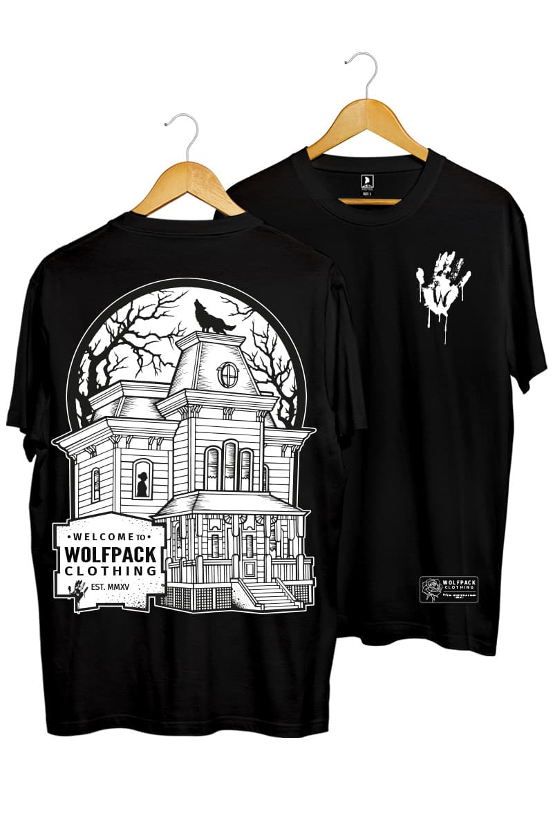 Grey t-shirt with WOLF MOTEL TEE UNISEX print - Wolfpack Clothing
