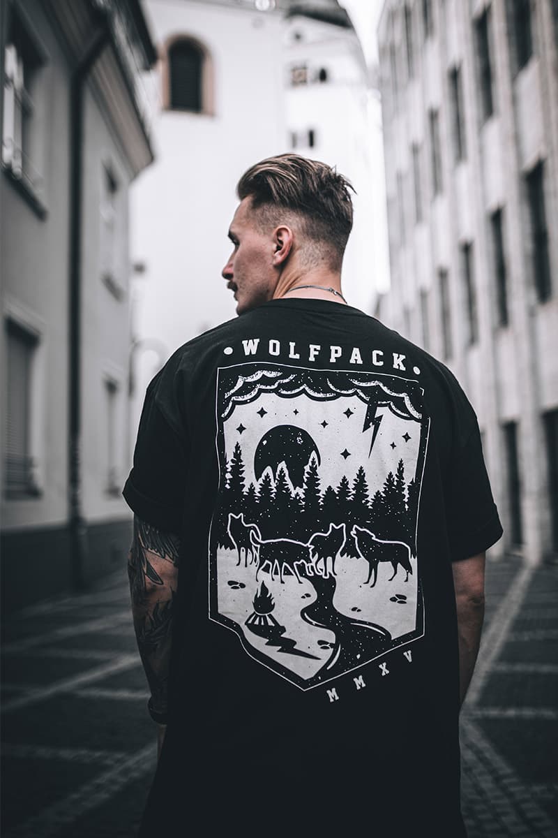 Black t-shirt with WOLFPACK TEE UNISEX print - Wolfpack Clothing