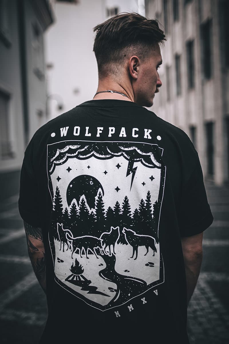 Black t-shirt with WOLFPACK TEE UNISEX print - Wolfpack Clothing