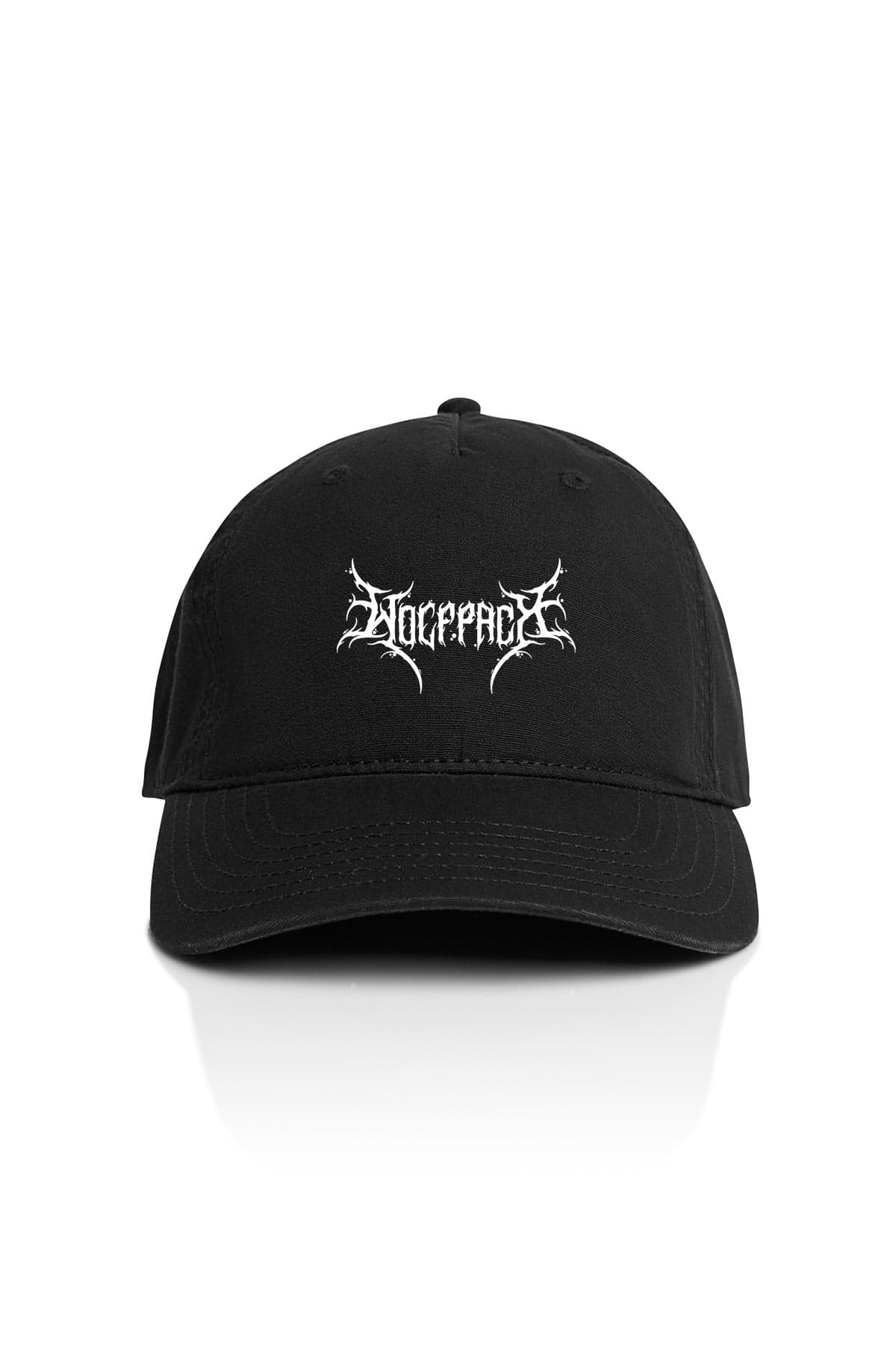 Black hat with BLACK LOTUS FIVE PANEL CAP print - Wolfpack Clothing