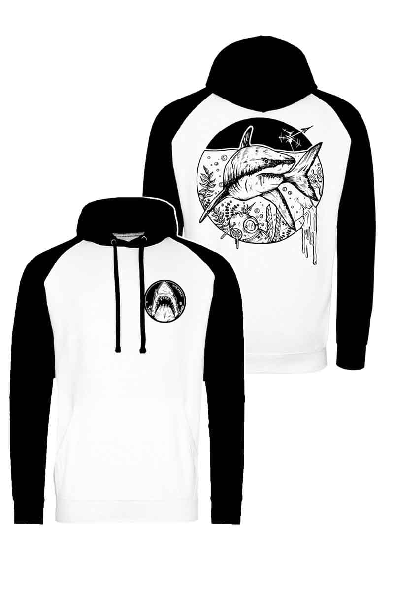 White hoodie with AMITY KILLER HOODIE UNISEX print - Wolfpack Clothing