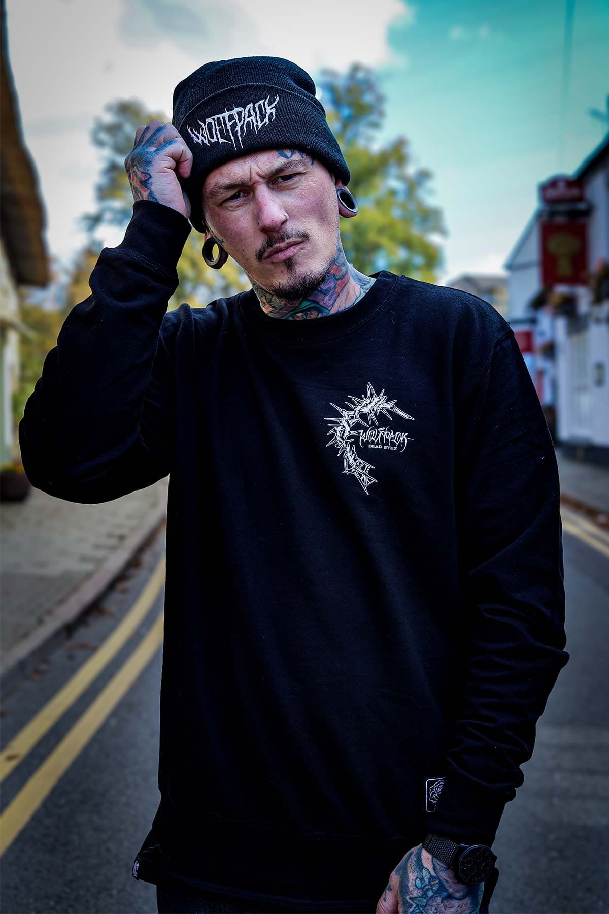 Black crewneck with BLOOD BITE CREWNECK UNISEX print - Wolfpack Clothing