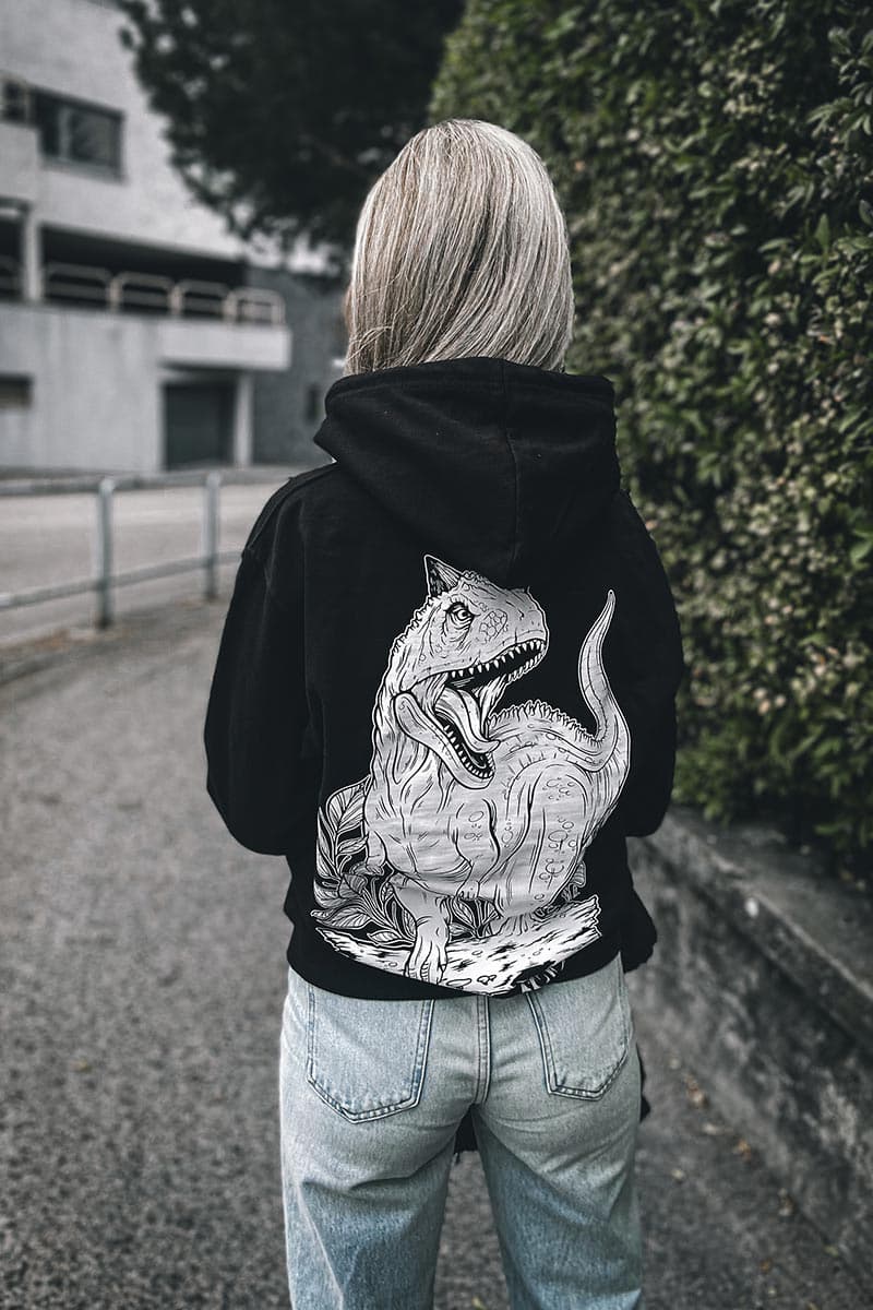 Black hoodie with CARNOTAURUS HOODIE UNISEX print - Wolfpack Clothing