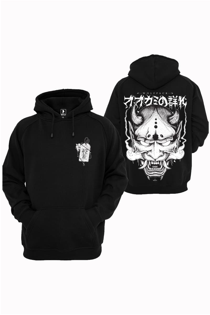 Black hoodie with HANNYA HOODIE UNISEX print - Wolfpack Clothing