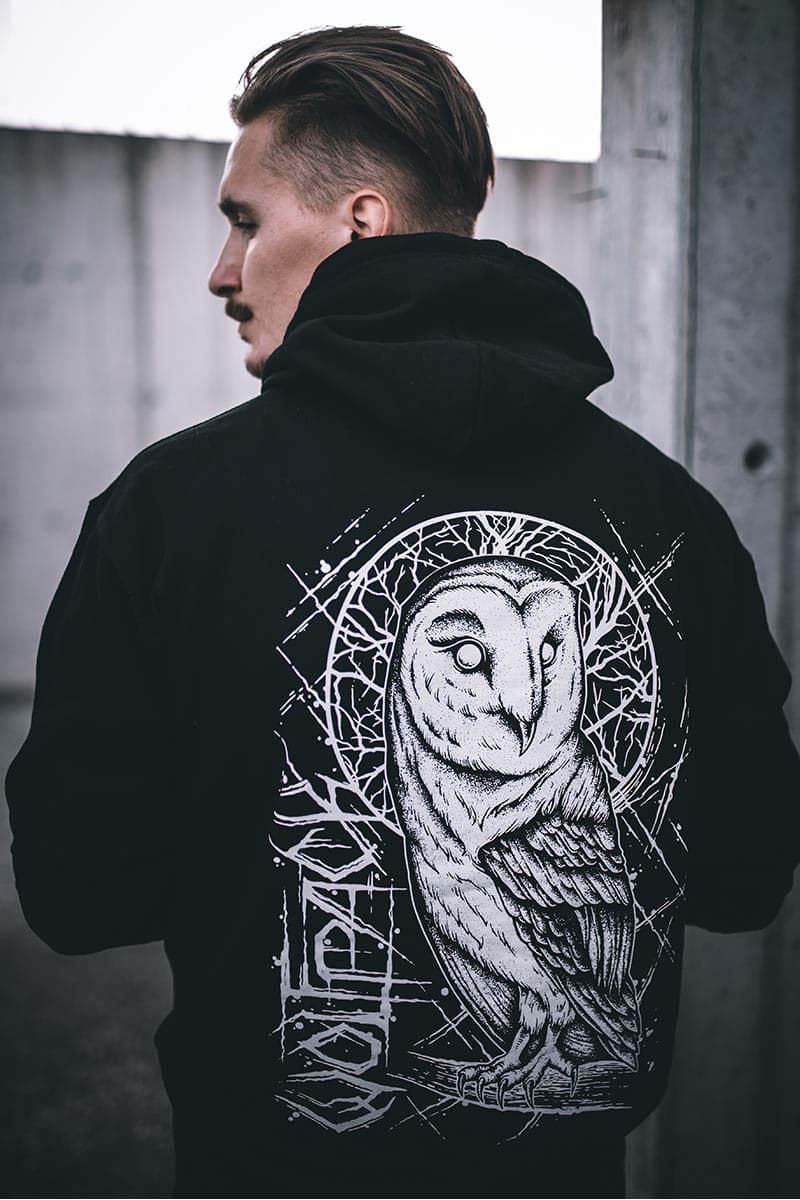 Black hoodie with NIGHT OWL HOODIE UNISEX print - Wolfpack Clothing