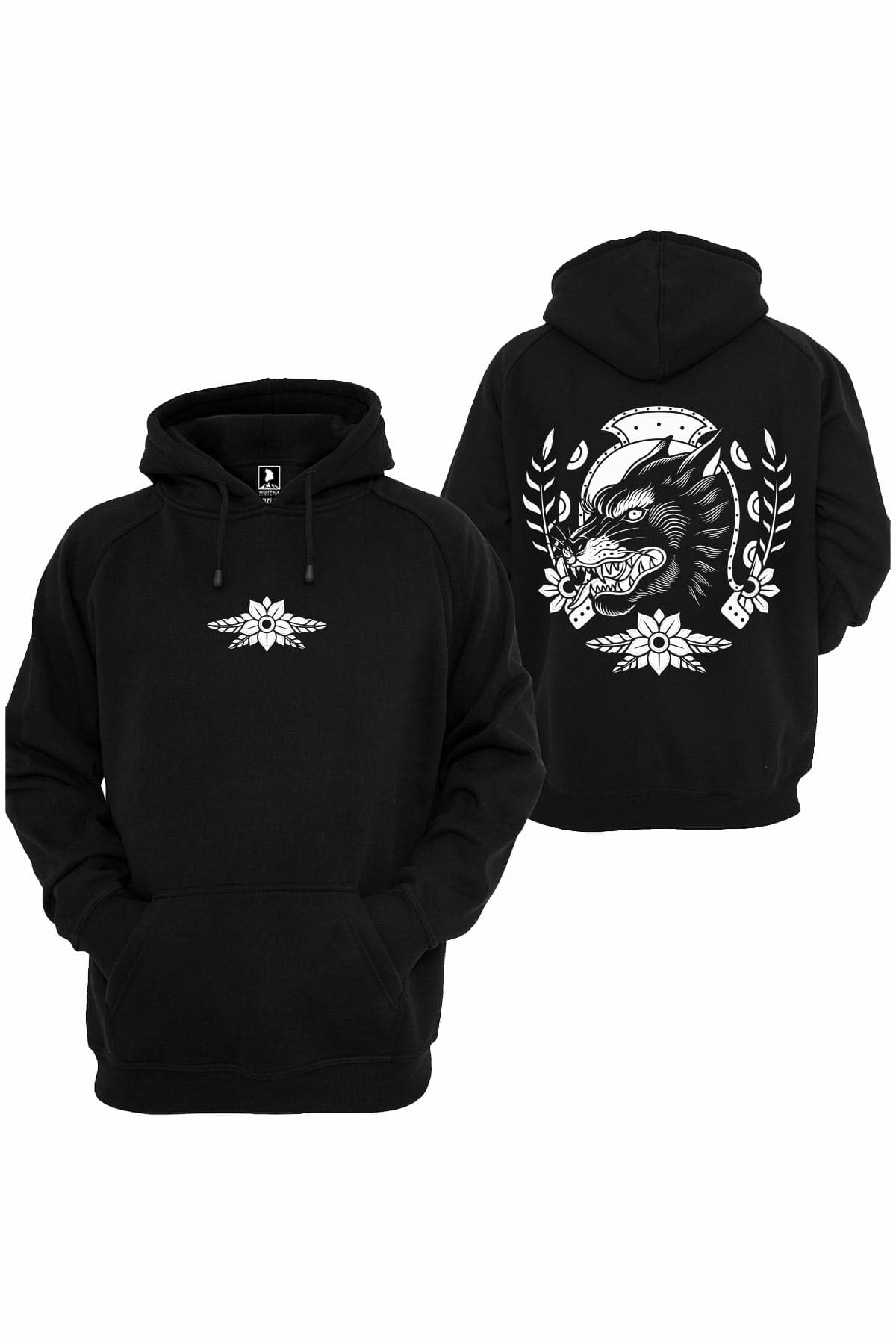 Black hoodie with OLD SCHOOL WOLF HOODIE UNISEX print - Wolfpack Clothing