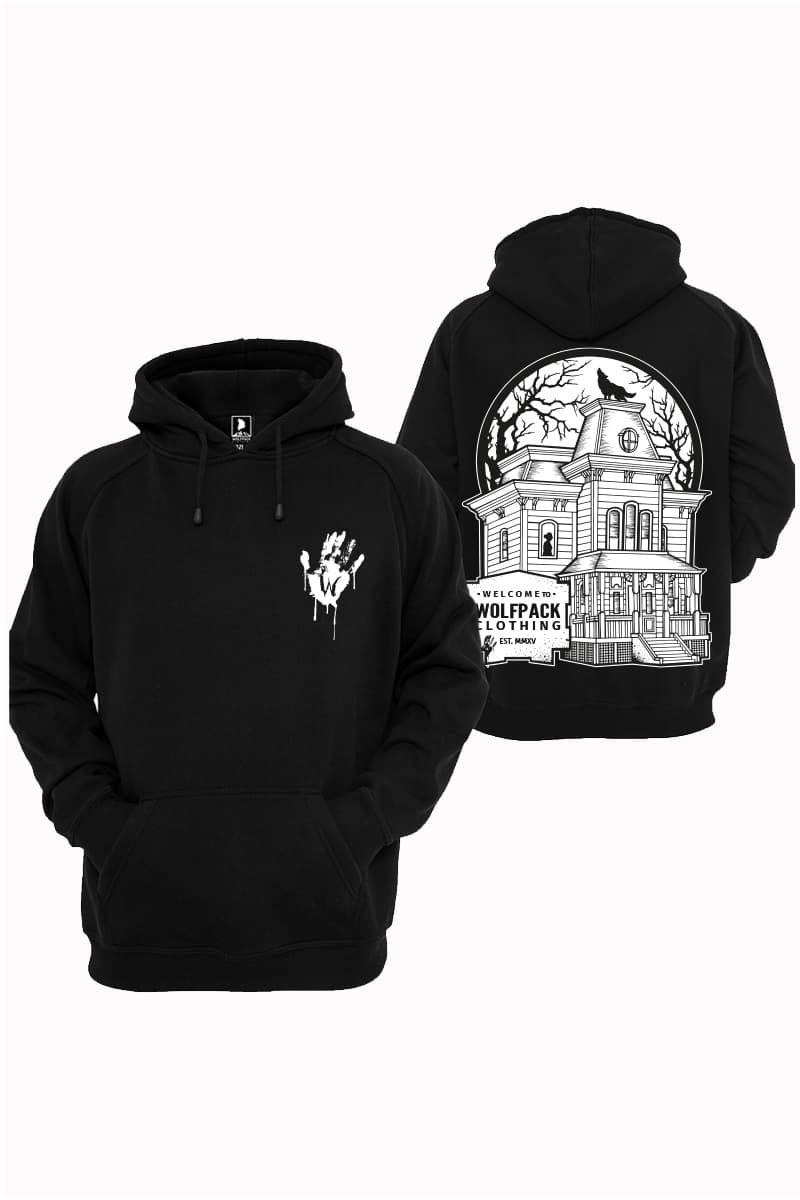 Black hoodie with WOLF MOTEL HOODIE UNISEX print - Wolfpack Clothing
