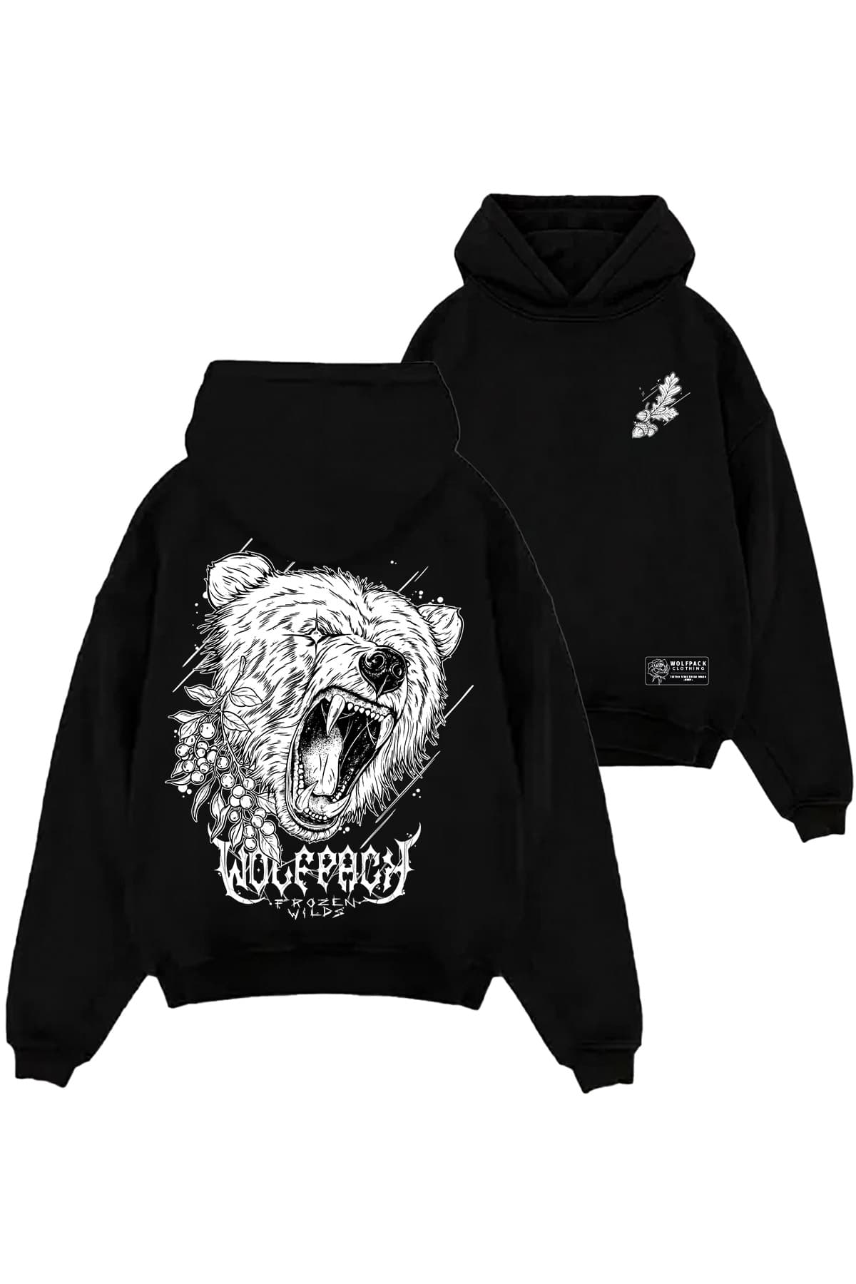 Black oversized hoodie with NORDIC HUNTER OVERSIZED HOODIE UNISEX print - Wolfpack Clothing