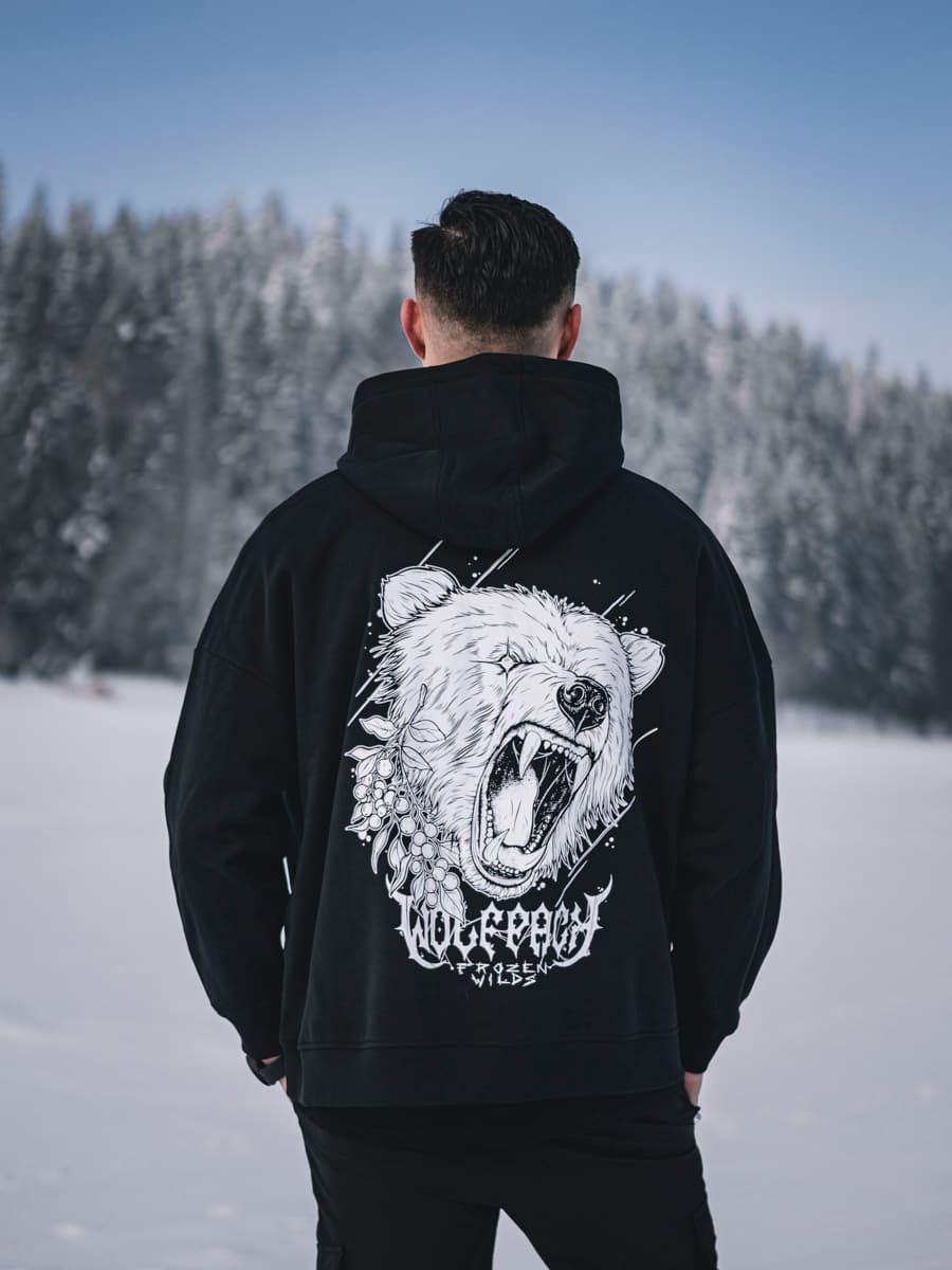 Black oversized hoodie with NORDIC HUNTER OVERSIZED HOODIE UNISEX print - Wolfpack Clothing