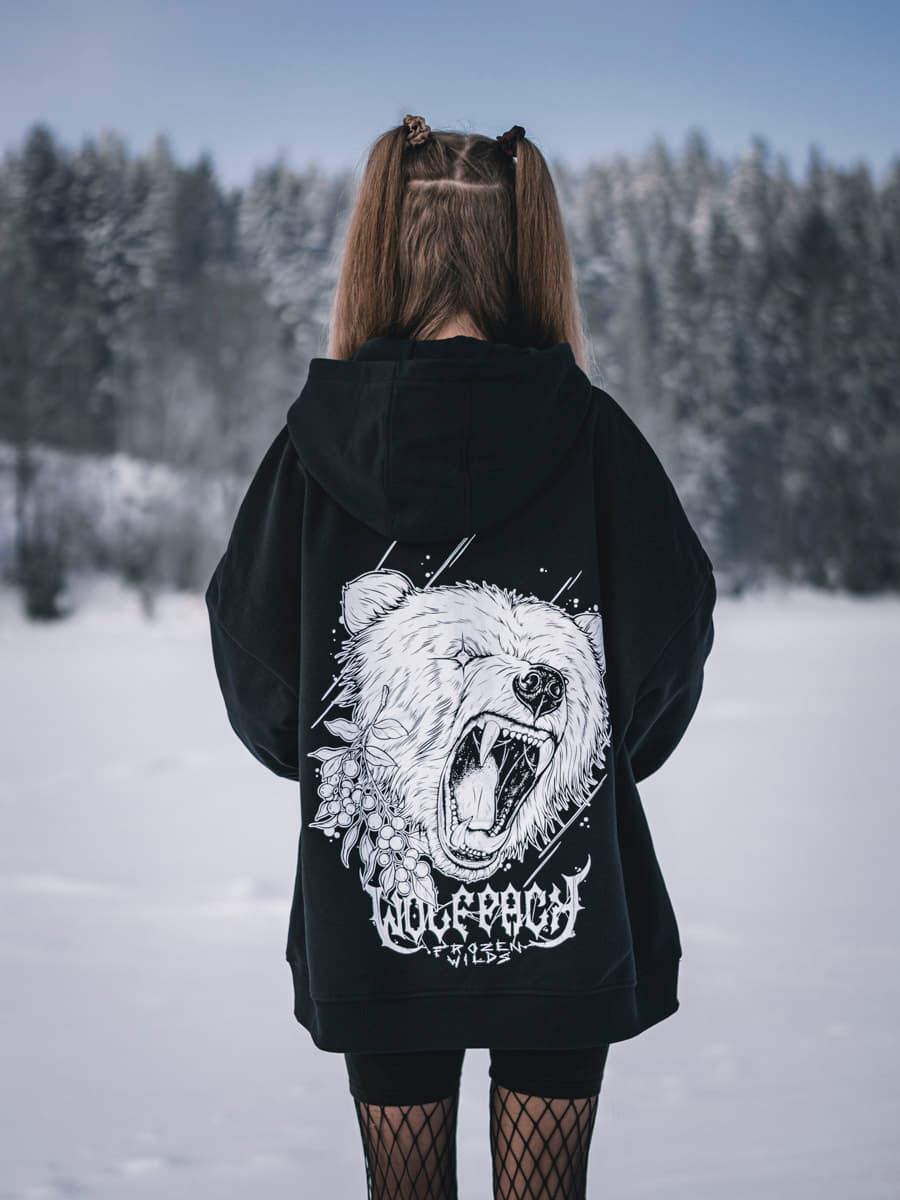 Black oversized hoodie with NORDIC HUNTER OVERSIZED HOODIE UNISEX print - Wolfpack Clothing