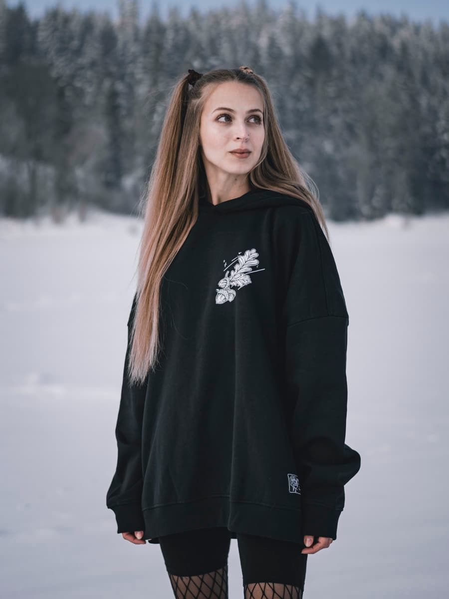 Black oversized hoodie with NORDIC HUNTER OVERSIZED HOODIE UNISEX print - Wolfpack Clothing