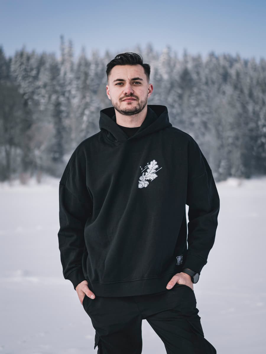 Black oversized hoodie with NORDIC HUNTER OVERSIZED HOODIE UNISEX print - Wolfpack Clothing