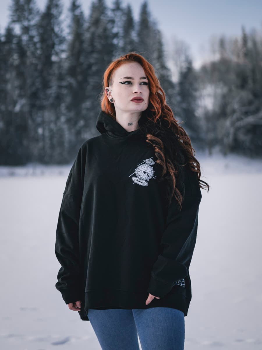 Black oversized hoodie with ARCTIC WIND OVERSIZED HOODIE UNISEX print - Wolfpack Clothing
