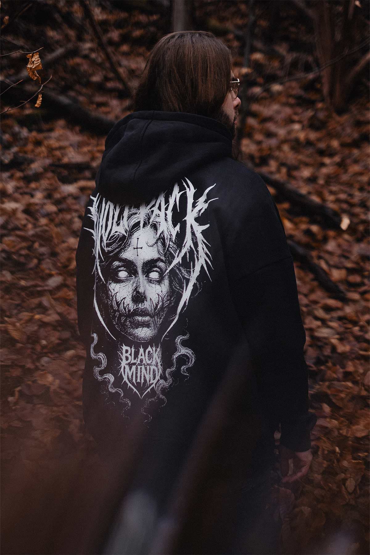 Black oversized hoodie with BLACK RITUAL OVERSIZED HOODIE UNISEX print - Wolfpack Clothing