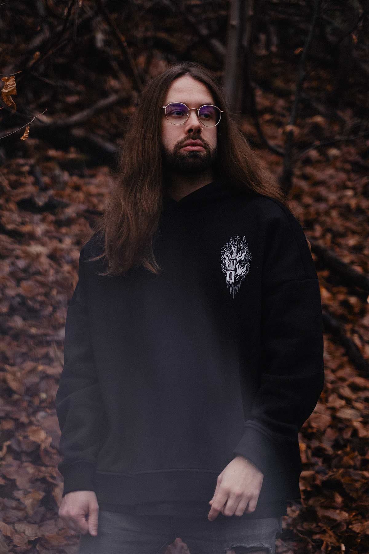 Black oversized hoodie with BLACK RITUAL OVERSIZED HOODIE UNISEX print - Wolfpack Clothing