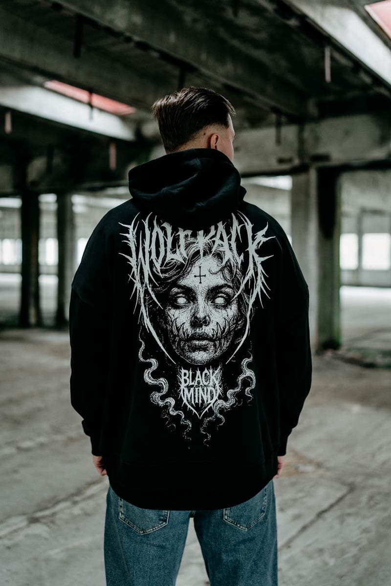 Black oversized hoodie with BLACK RITUAL OVERSIZED HOODIE UNISEX print - Wolfpack Clothing