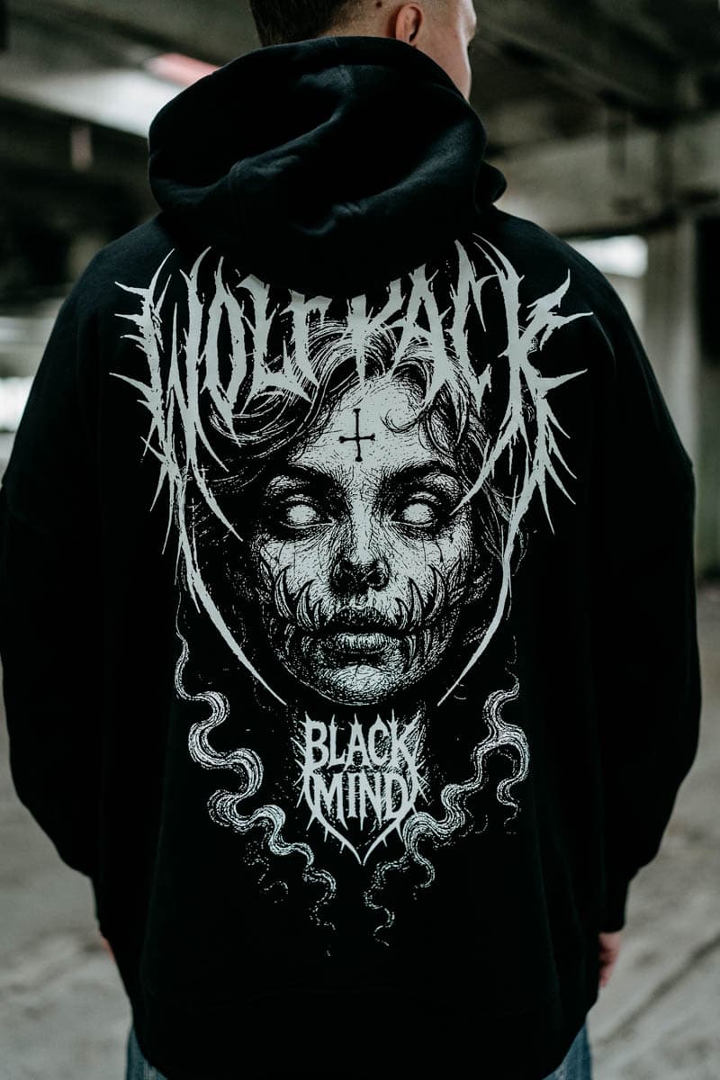 Black oversized hoodie with BLACK RITUAL OVERSIZED HOODIE UNISEX print - Wolfpack Clothing