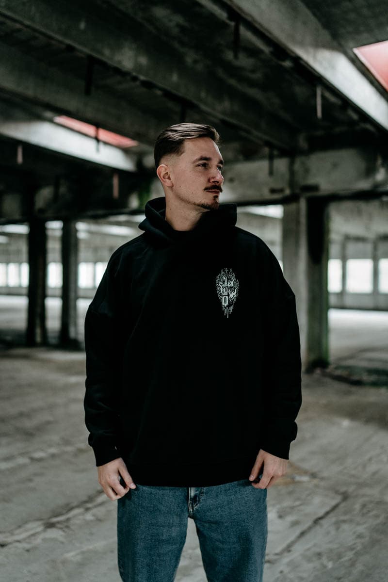 Black oversized hoodie with BLACK RITUAL OVERSIZED HOODIE UNISEX print - Wolfpack Clothing
