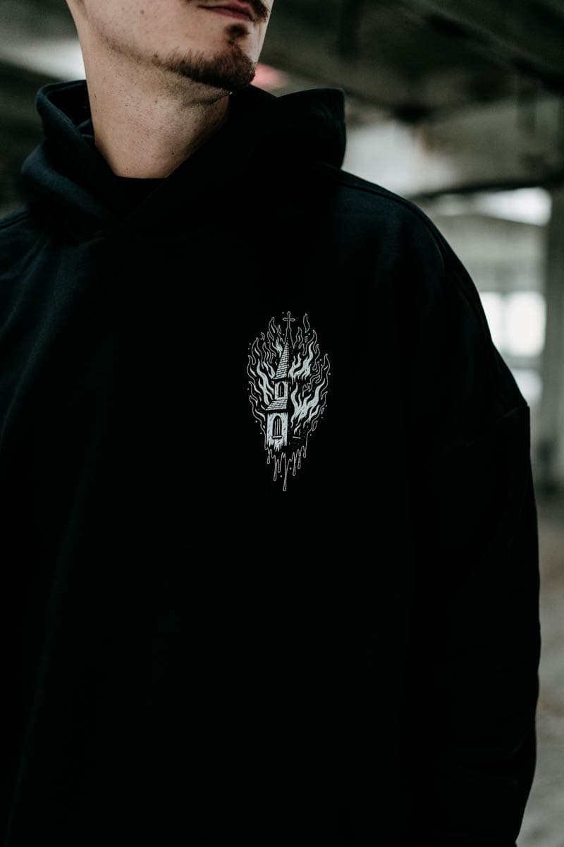 Black oversized hoodie with BLACK RITUAL OVERSIZED HOODIE UNISEX print - Wolfpack Clothing
