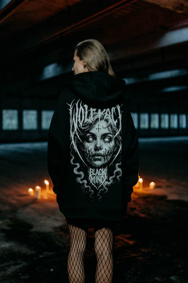 Black oversized hoodie with BLACK RITUAL OVERSIZED HOODIE UNISEX print - Wolfpack Clothing