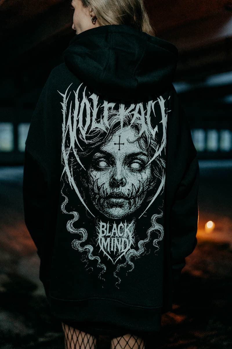 Black oversized hoodie with BLACK RITUAL OVERSIZED HOODIE UNISEX print - Wolfpack Clothing