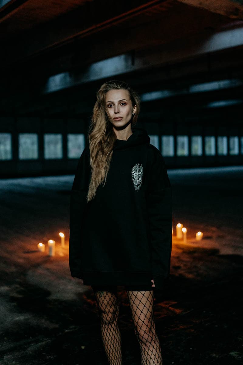 Black oversized hoodie with BLACK RITUAL OVERSIZED HOODIE UNISEX print - Wolfpack Clothing
