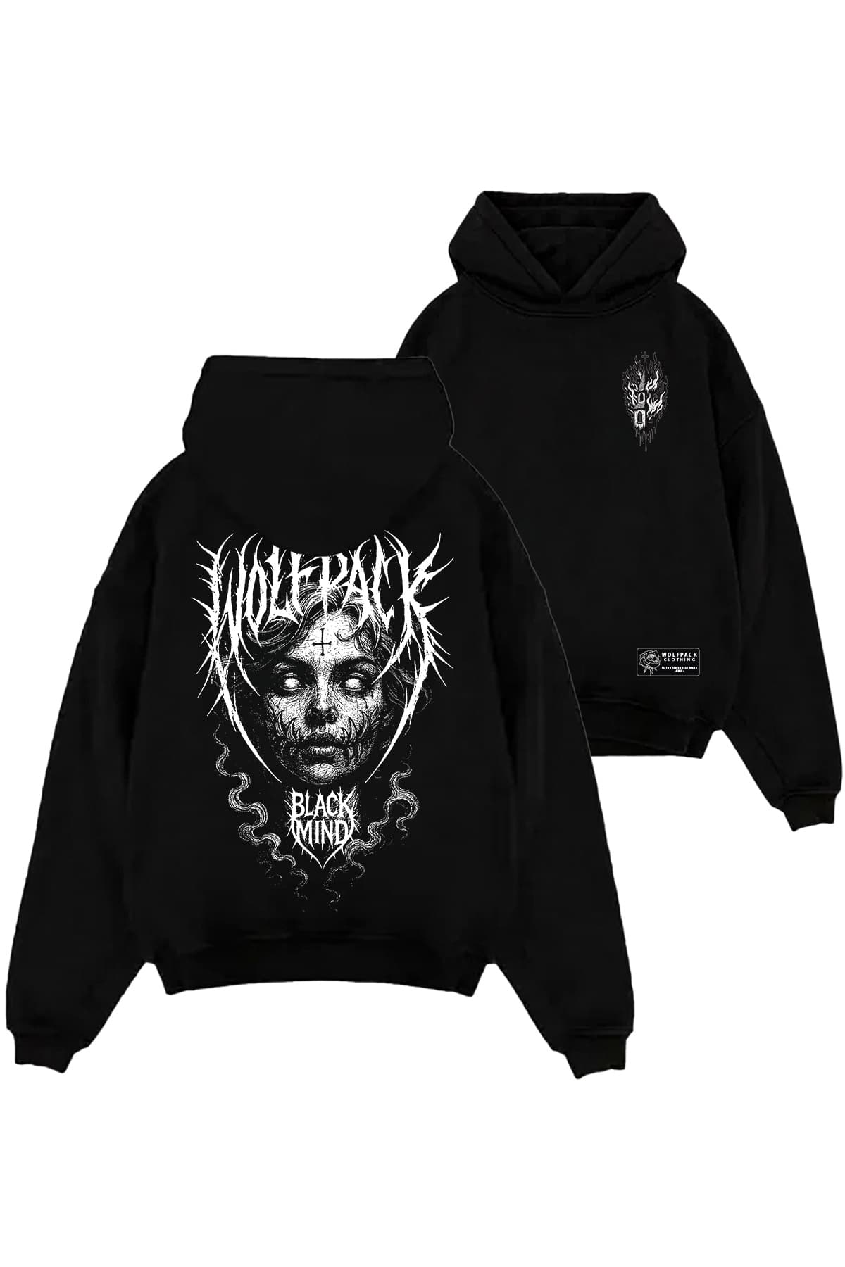Black oversized hoodie with BLACK RITUAL OVERSIZED HOODIE UNISEX print - Wolfpack Clothing