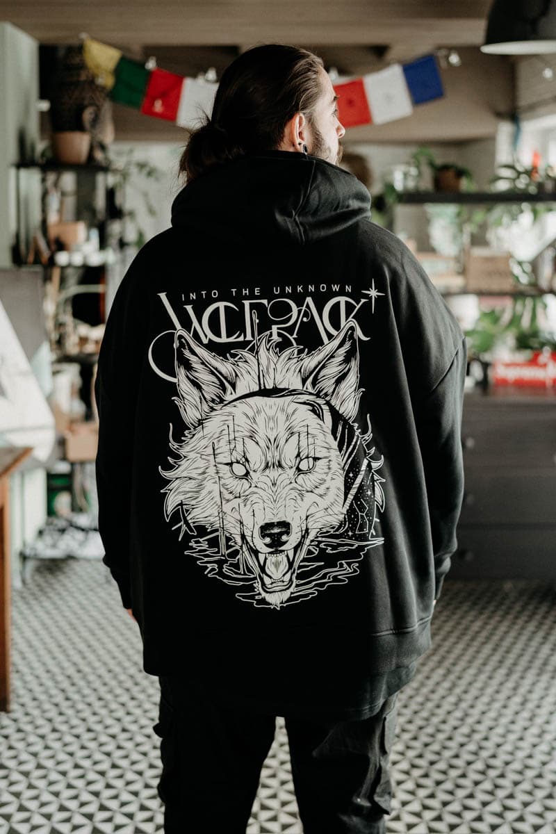 Black oversized hoodie with CALL OF THE WILD OVERSIZED HOODIE UNISEX print - Wolfpack Clothing