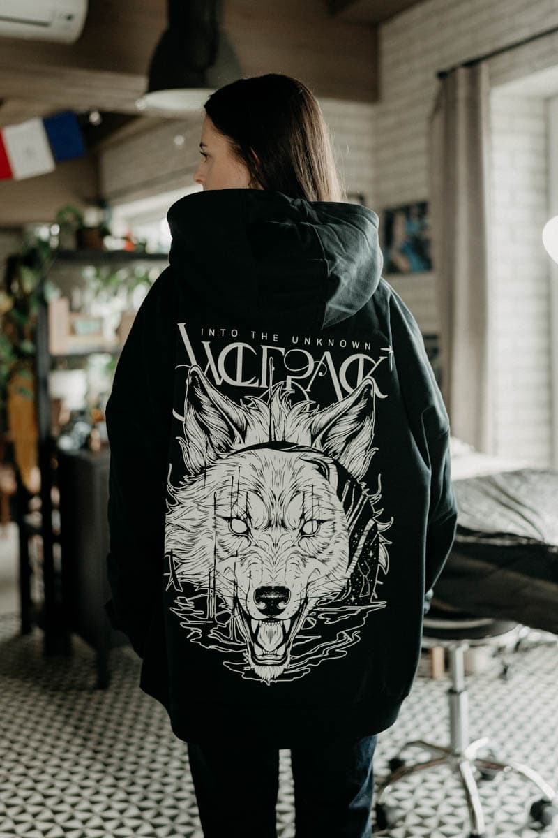 Black oversized hoodie with CALL OF THE WILD OVERSIZED HOODIE UNISEX print - Wolfpack Clothing