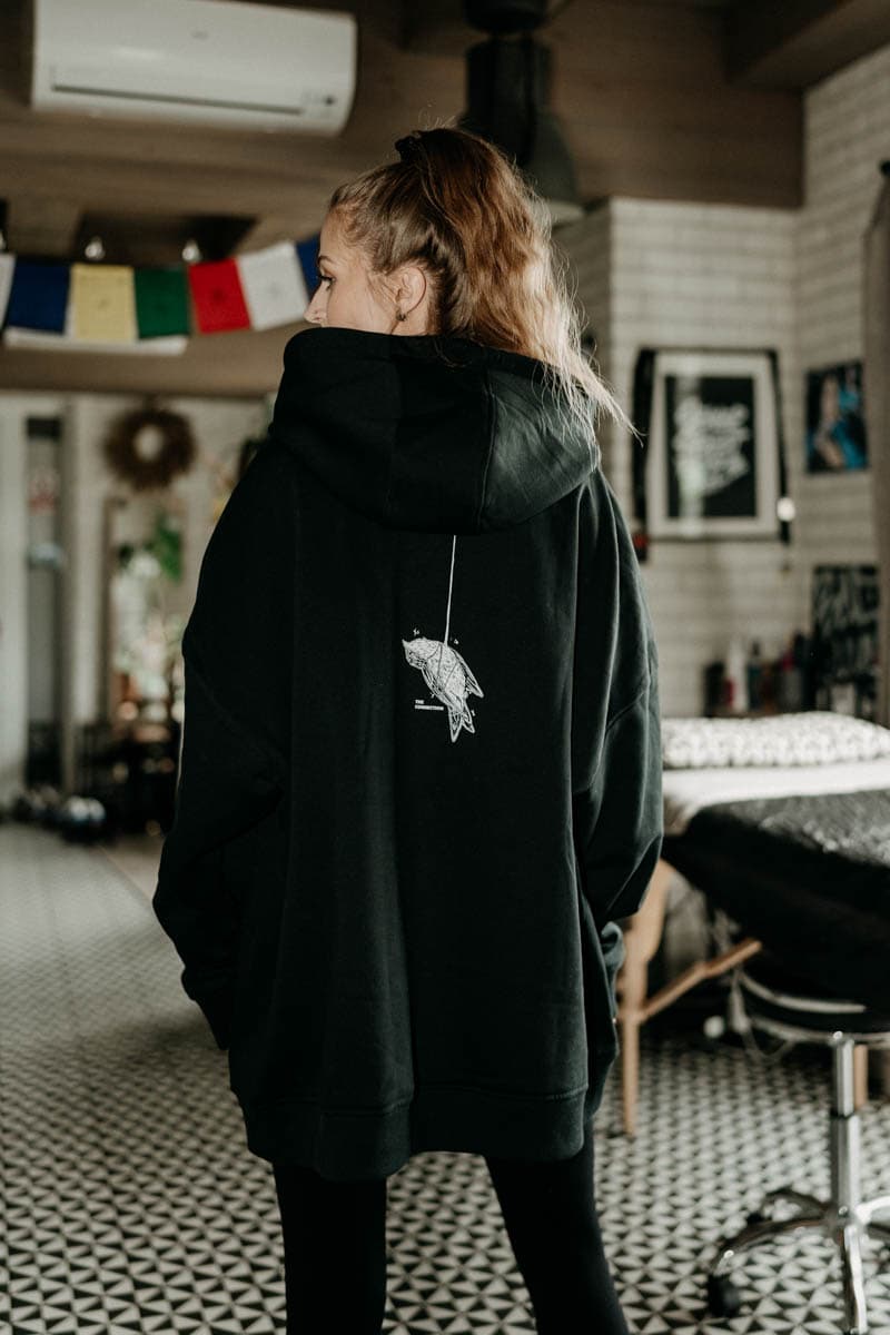 Black oversized hoodie with CONNECTION OVERSIZED HOODIE UNISEX print - Wolfpack Clothing