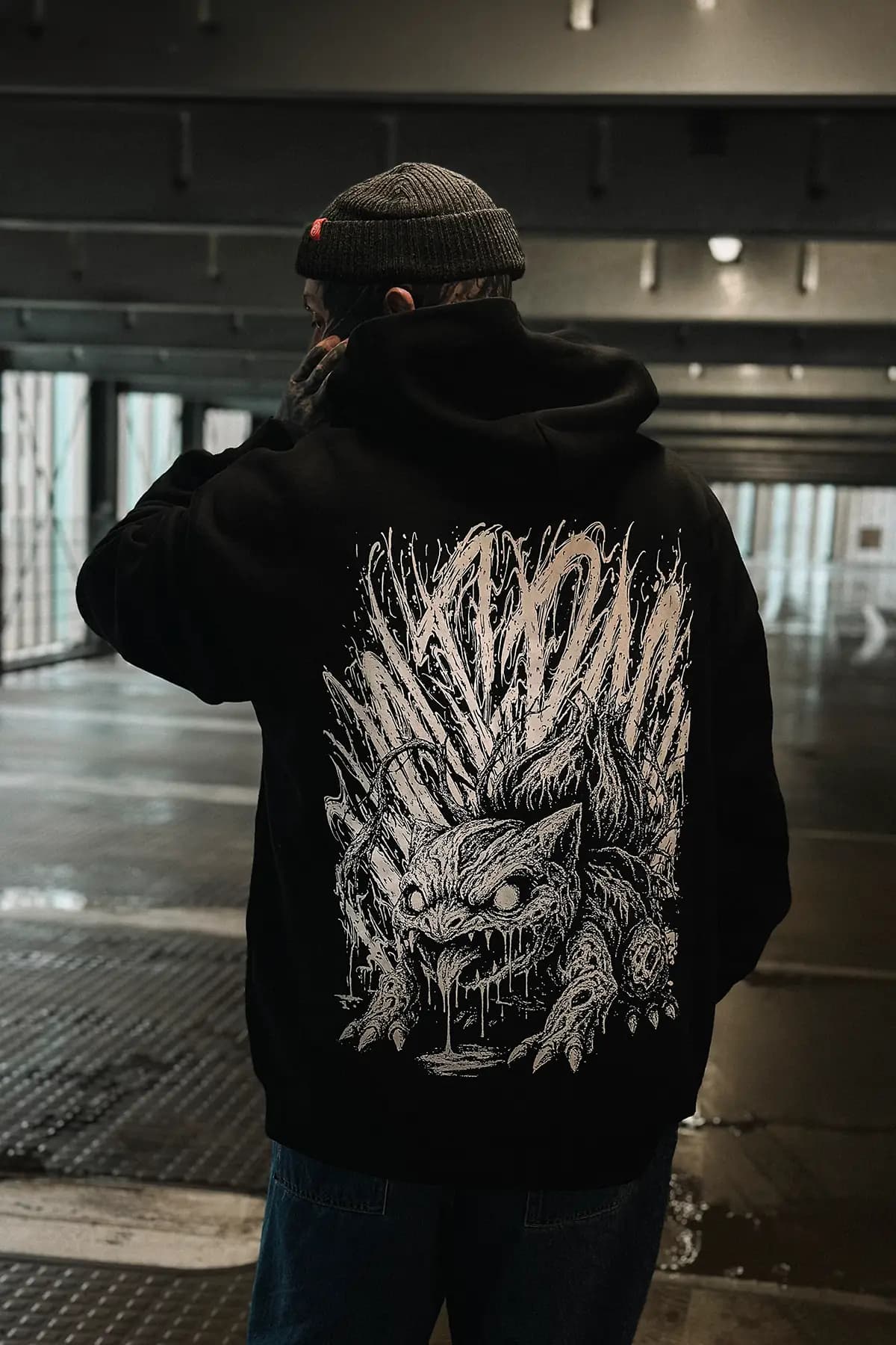 Black zip hoodie with GRAVEBACK ZIP HOODIE print - Wolfpack Clothing