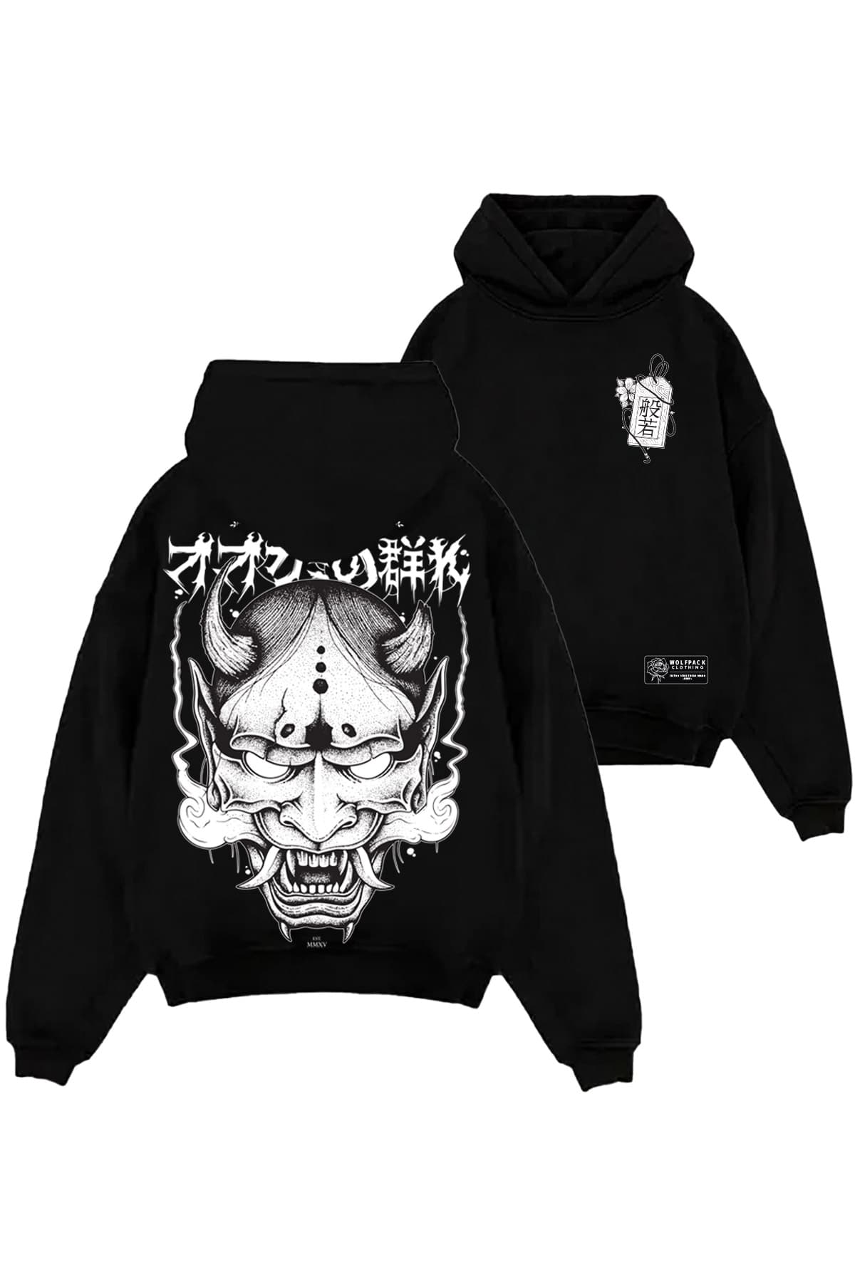 Black oversized hoodie with HANNYA OVERSIZED HOODIE UNISEX print - Wolfpack Clothing